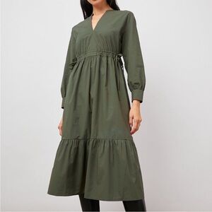 🫒Rails Green Maple Olive Smoke Long Sleeve V Neckline Midi Dress Size small